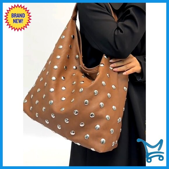 Studded Vegan Leather Hobo Shoulder Bag Tote Purse Large Capacity - Picture 7 of 7
